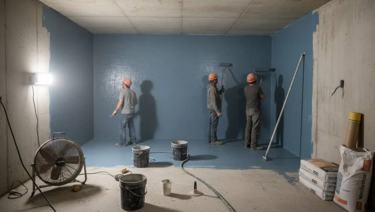 Ouvriers appliquant un revêtement étanche bleu sur les murs et le sol d