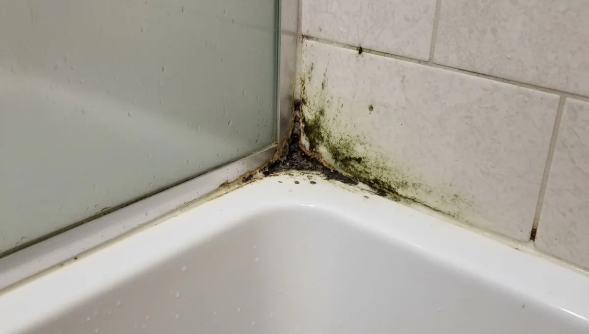Moisissure noire dans le joint silicone et sur le carrelage dans l